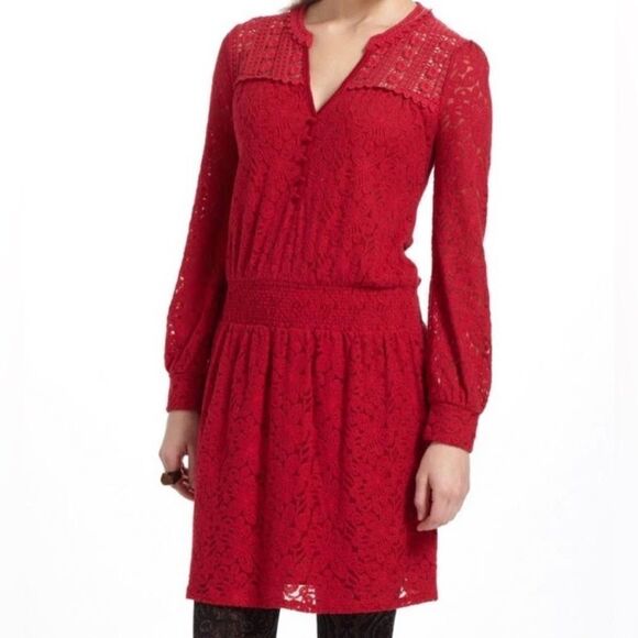 Anthropologie Leifsdottir Red Lace Drop Waist Dress M - Picture 1 of 9